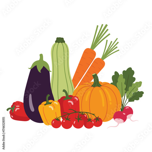 Assortment of Fresh Vegetables and a Pumpkin.