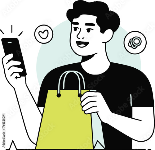 Man shopping online with smartphone holding shopping bag and heart notification symbol visible