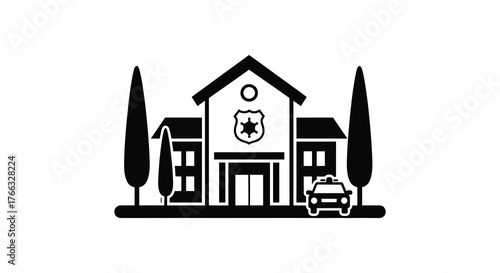 Stylized black and white silhouette of a police station building with a police car and trees representing law enforcement and justice silhouette