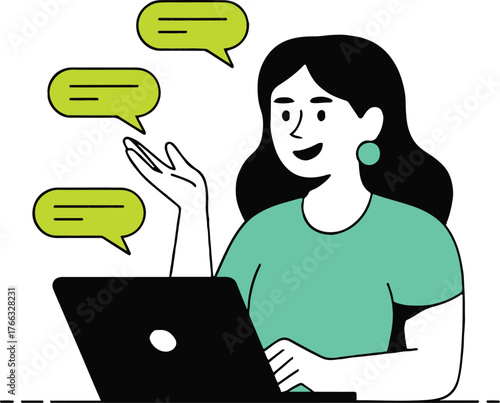 Woman engaging in lively online chat using laptop with speech bubbles around her indicating talk
