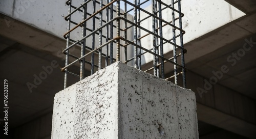 Close-up of a reinforced concrete pillar on a construction site, featuring an exposed steel rebar cage awaiting the next material pour