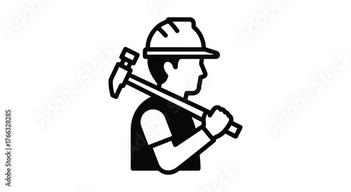 Construction worker wearing a hard hat holding a pickaxe over his shoulder silhouette
