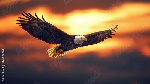 Wallpaper Mural Majestic Bald Eagle Soaring Across a Vibrant Sunset Sky with Fiery Orange and Deep Blue Hues Torontodigital.ca