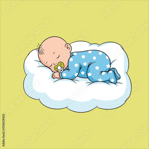 Cute sleeping baby on soft cloud with pacifier