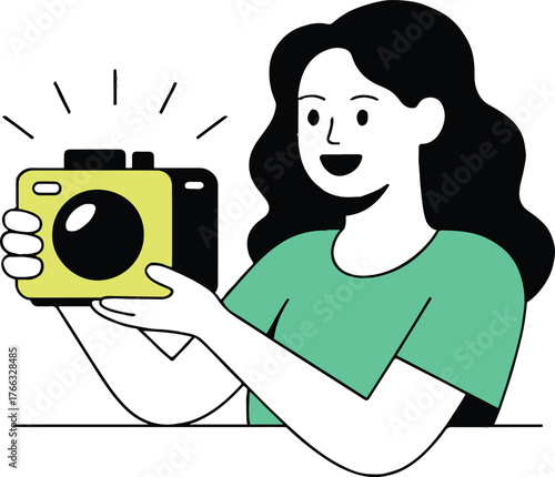 Smiling woman with long hair holding a yellow camera in stylized vector art illustration design