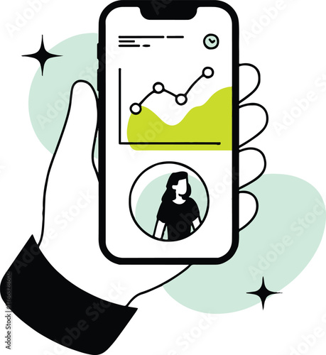 Hand holding smartphone displaying analytics graph and user profile with green accent color