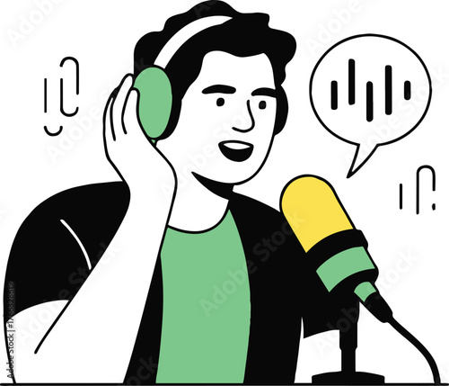Cartoon person with green headphones talking into microphone with sound wave speech bubble