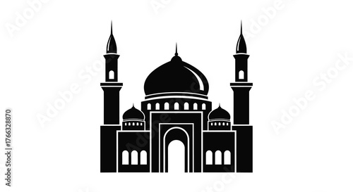 Striking black silhouette of a grand mosque with twin minarets and a central dome against a white background silhouette