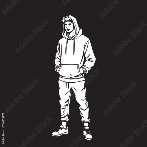 Vector art of young man wearing a hoodie and sweatpants logo.