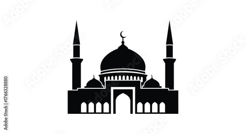 Stylized black silhouette of a grand mosque with a large central dome and two tall minarets against a white background silhouette