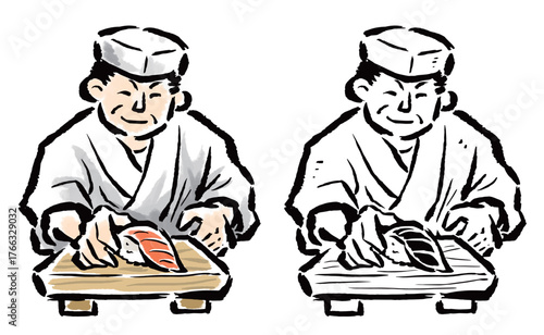 寿司下駄に寿司をのせて差し出す寿司職人　カラー・線画セット