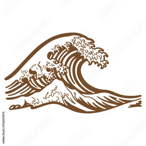 Japanese style brown doodle illustration depicting a large crashing ocean wave against a white background