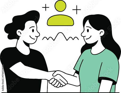Illustration of two people smiling while shaking hands symbolizing connection and collaboration