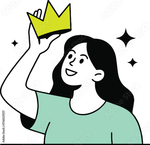 Illustration of woman holding yellow crown with stars and wearing a green shirt in a simple style