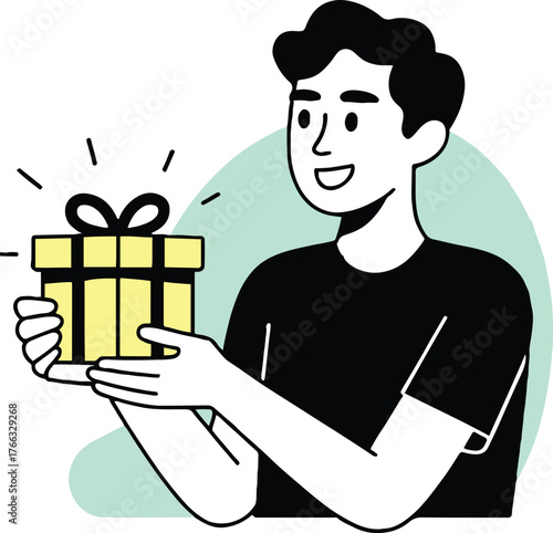 Illustration of smiling person holding a gift box with a ribbon and bow against green background