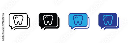 Set of four different icons representing a tooth inside a speech bubble, isolated on white background