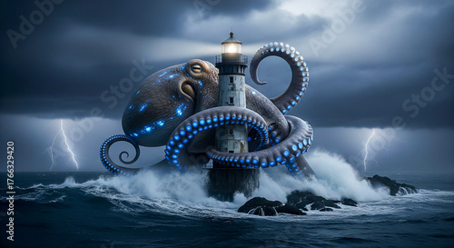 A giant, menacing octopus with glowing tentacles curled around a lonely lighthouse during a stormy sea. Ideal for myth, fantasy, danger, and dramatic book/album covers.