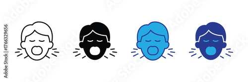 Set of four icons representing a person yawning or shouting, in outline, silhouette, and two color variations, isolated on white background