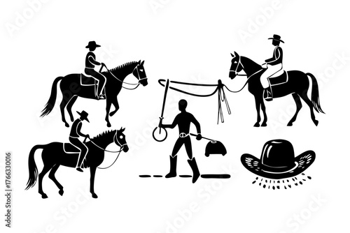 A sampler containing vector illustrations of equestrian sport disciplines: Showmanship, Halter, Western Pleasure and Reining. Both .ai and .eps vectors included.

