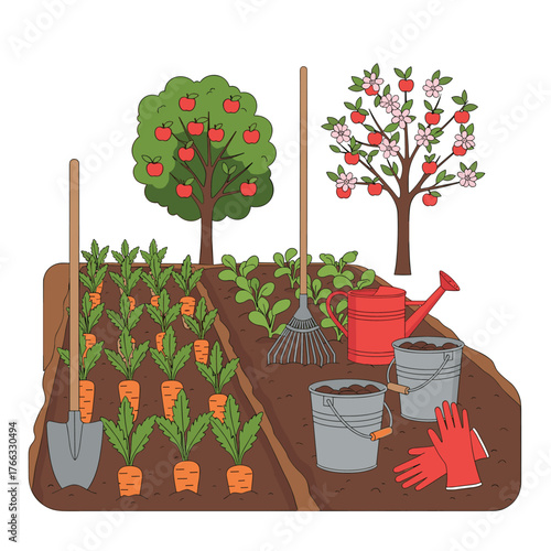 Home garden with growing carrots and apple trees.