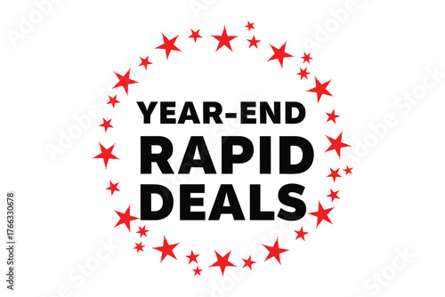 Yearend rapid deals isolated on white background with red stars circling the text in a circular pattern