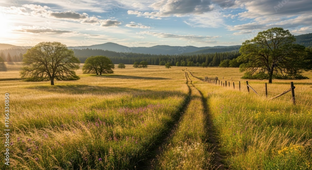 Obraz premium Golden hour sun bathes rolling meadow with winding path, distant mountains and mature oak trees create a serene rural landscape.