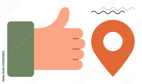 Raised hand approval next to a red location pin and wavy lines above. Ideal for themes thumbs up feedback, navigation, success, agreement, decision-making, user experience, and communication. Simple