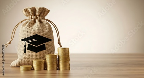 Education Funding and Scholarship Concept — Money Bag with Coins and Graduation Cap Symbol.