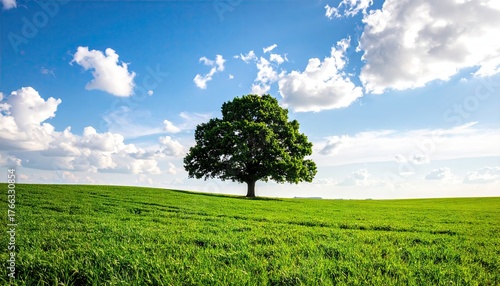 Fotografie Lone Tree on Green Hillside Under Bright Blue Sky with Fluffy Clouds in Summerti