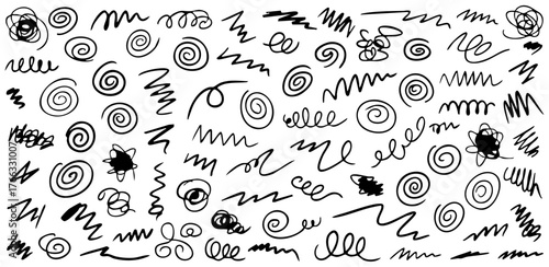 black hand-drawn spiral and oval scribble set: rough marker brush stroke coil and looping line elements