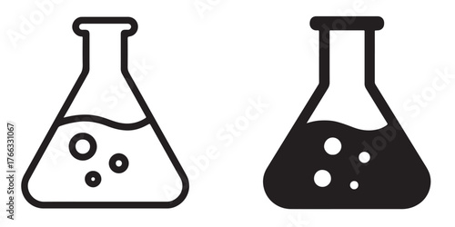 Flask line and silhouette icon set chemistry science lab equipment