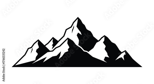 Dramatic black and white silhouette of rugged mountain peaks against a stark white background evoking adventure and nature s grandeur silhouette