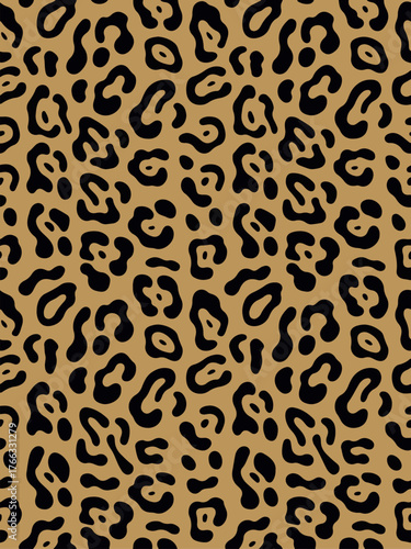 "Leopard skin pattern background, seamless vector design, golden yellow and black rosette spots, elegant animal print for textile or wallpaper" vector 