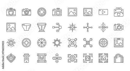 Photography Camera Icons Set Collection Line Style.