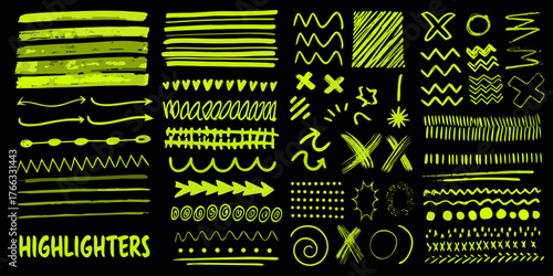 Collection of hand drawn neon yellow highlighter marks and graphic elements on a black background