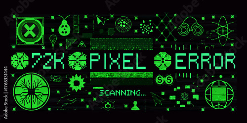 Retro digital glitch screen with pixelated text 72k pixel error and scanning symbols