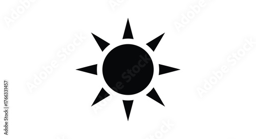 Stylized black sun with sharp rays depicted in a bold graphic silhouette against a white background