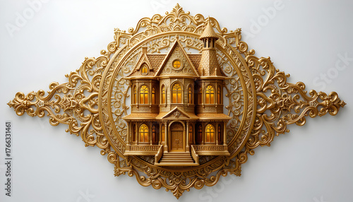 A golden, ornate mansion, isolated on white background, is intricately designed with detailed architectural elements and surrounded by a decorative, baroquestyle frame, showcasing luxury and elegance