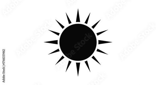 A striking black silhouette of an oval sun with sharp pointed rays against a clean white background representing solar energy and celestial bodies silhouette