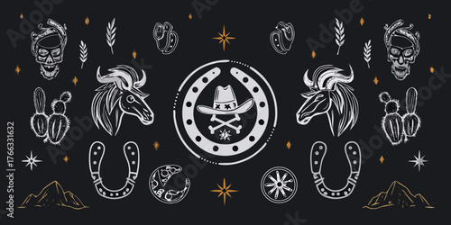 Wild west cowboy theme with horses skulls cacti horseshoes and mountains on black background