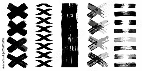 Collection of hand painted brush stroke xs and rectangular shapes in black and gray on white background