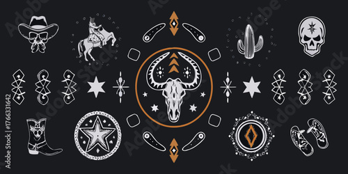 Western cowboy skull boots cactus horse rider and bull skull symbols collection