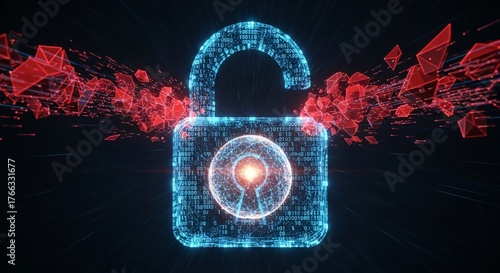 Cybersecurity breach concept with open digital padlock and fragmented red data stream in a dark space