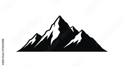 Dramatic jagged mountain range depicted in a stark black and white silhouette against a clean white background