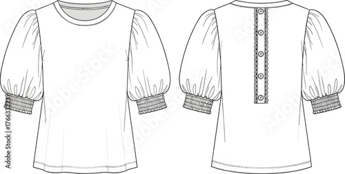 Women’s blouse technical sketch, puff sleeve fashion illustration, smocked cuff garment design, button-back vector, apparel construction template, clothing flat drawing set