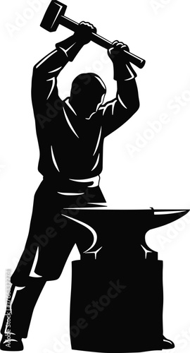 Blacksmith silhouette forging metal on anvil with hammer, traditional craftsmanship vector art, artisan labor design, cad flat vector illustration