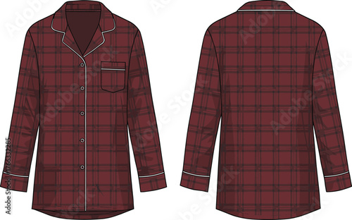 Women’s plaid pajama top sketch, button-down sleepwear fashion illustration, notched collar garment design, piping detail vector, apparel construction template, clothing flat drawing set