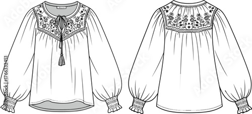 Women’s blouse technical sketch, embroidered yoke fashion illustration, tassel tie neckline design, smocked sleeve vector, apparel construction template, clothing flat drawing set