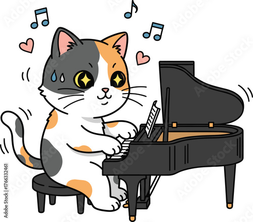 Calico cat piano illustration, cartoon pet musician playing grand piano, funny animal artwork, whimsical music design, vector performance background