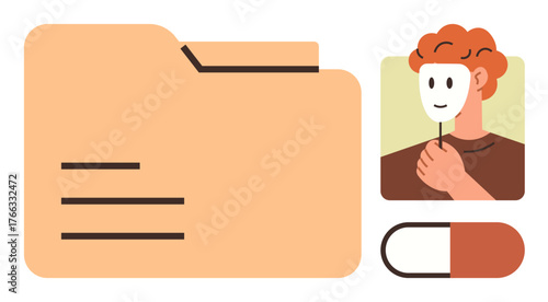 Character holding face mask beside file folder and capsule. Ideal for healthcare, mental health, anonymity, identity, medical records, deception, and data privacy themes. Simple flat metaphor